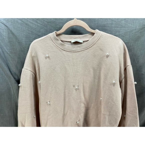 Zara Trafaluc Shirt Women Small Beige Pearls Beads Long Sleeve Pullover Ladies. - Picture 2 of 8